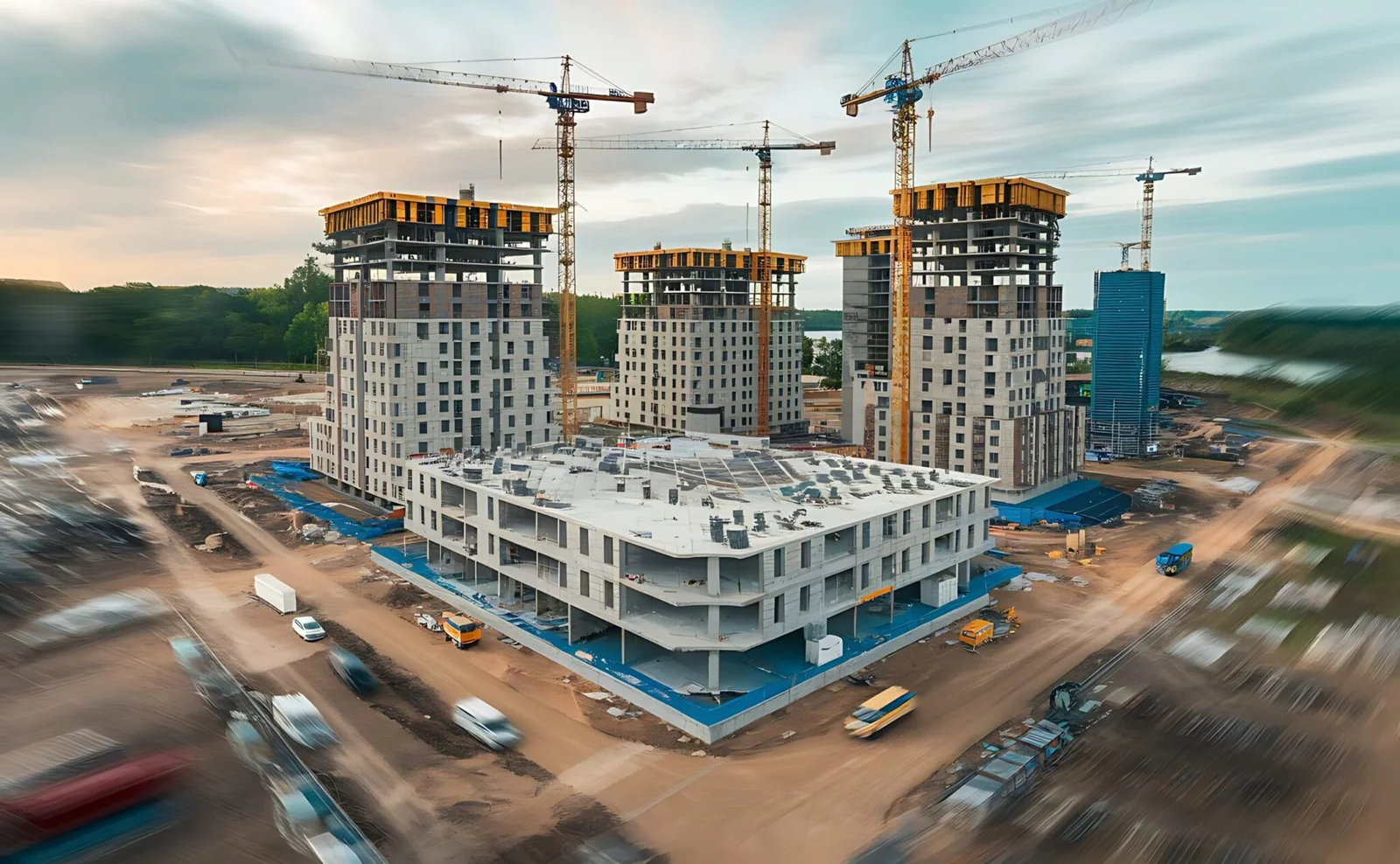 High-rise construction with tower cranes, representing large-scale infrastructure and urban development.